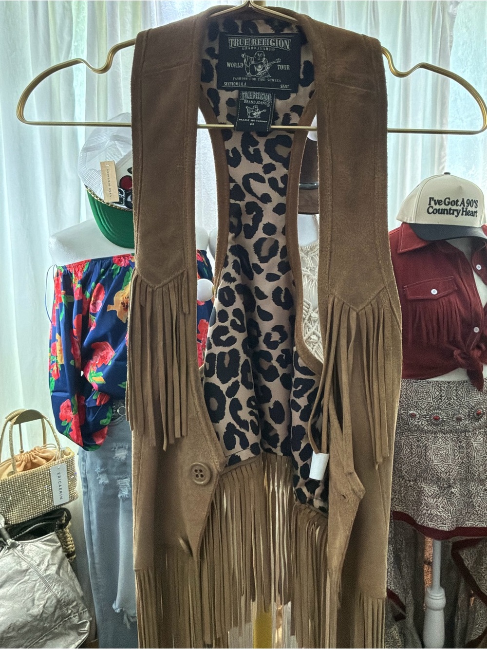 True Religion Brown Suede Vest with Leopard Print Lining